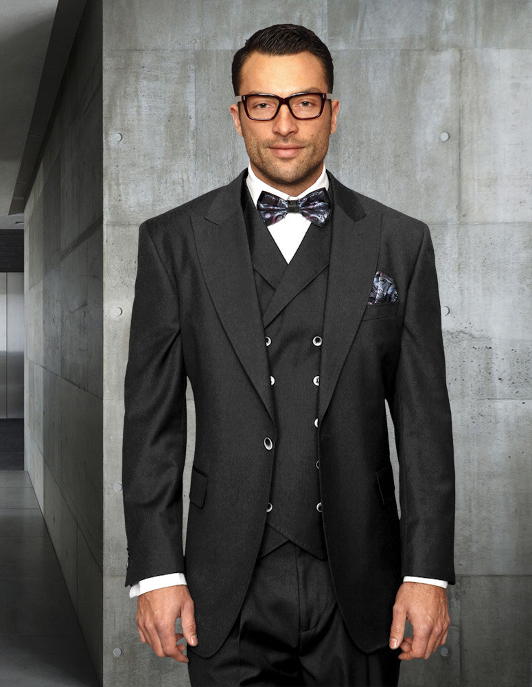 FLORENCE CHARCOAL COLOR CLASSIC 3PC 2 BUTTON SOLID SUIT WITH DOUBLE BREASTED VEST SUPER 150'S EXTRA FINE ITALIAN FABRIC  