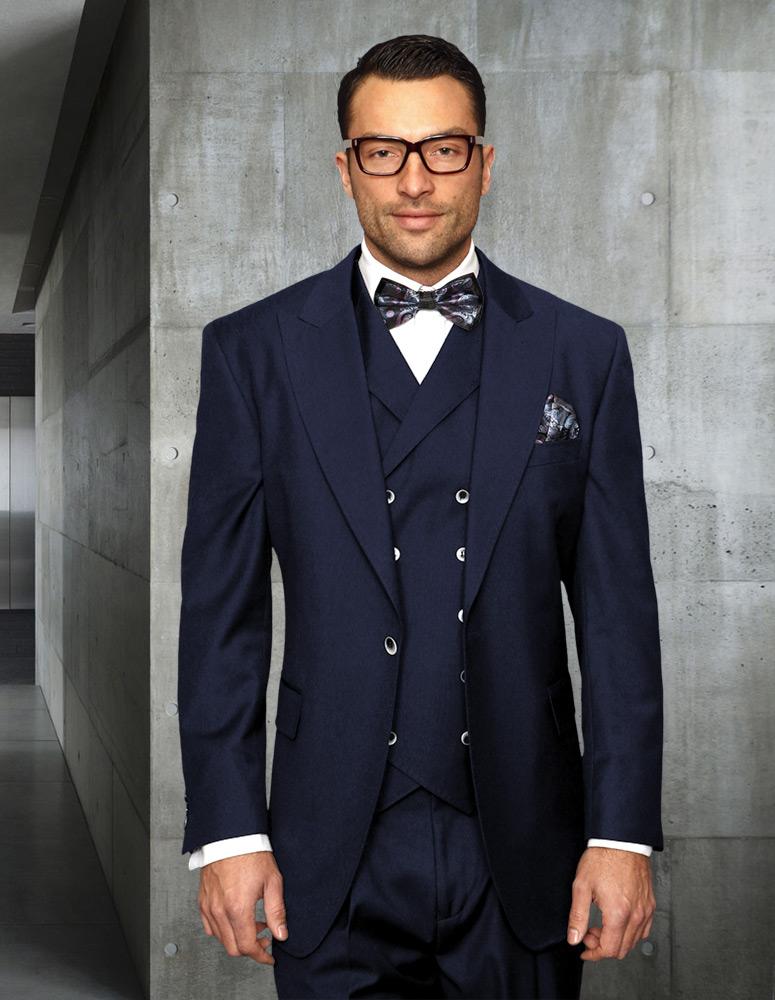 FLORENCE NAVY COLOR CLASSIC 3PC 2 BUTTON SOLID SUIT WITH DOUBLE BREASTED VEST SUPER 150'S EXTRA FINE ITALIAN FABRIC  