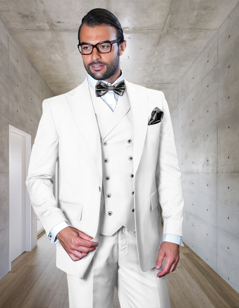 FLORENCE WHITE COLOR CLASSIC 3PC 2 BUTTON SOLID SUIT WITH DOUBLE BREASTED VEST SUPER 150'S EXTRA FINE ITALIAN FABRIC   