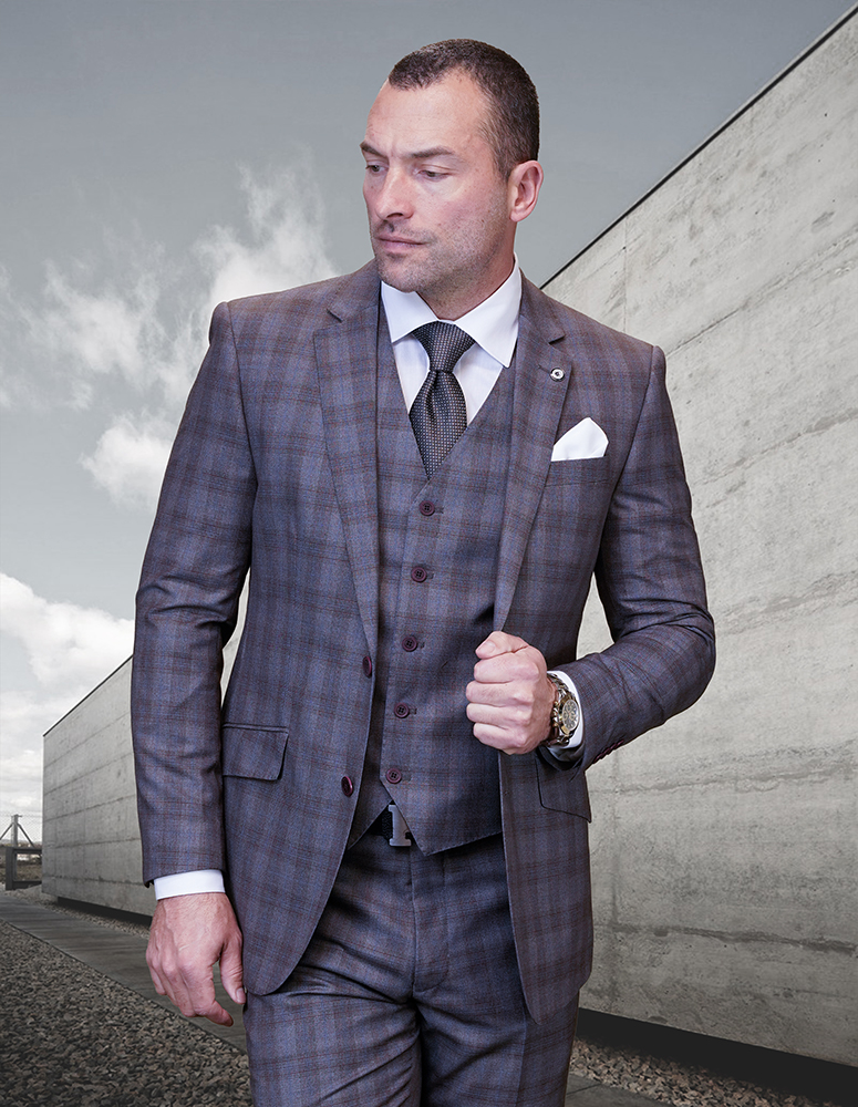 STATEMENT CONFIDENCE 3PC TAUPE PLAID SUITS SUPER 200'S ITALIAN WOOL AND CASHMERE. MODERN FIT FLAT FRONT PANTS