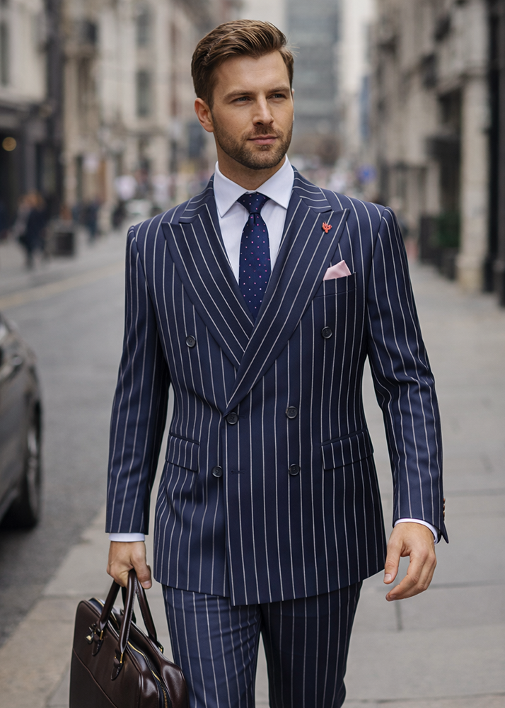  STATEMENT 2PC PINSTRIPE DOUBLE BREASTED SUIT. ITALIAN WOOL FABRIC 