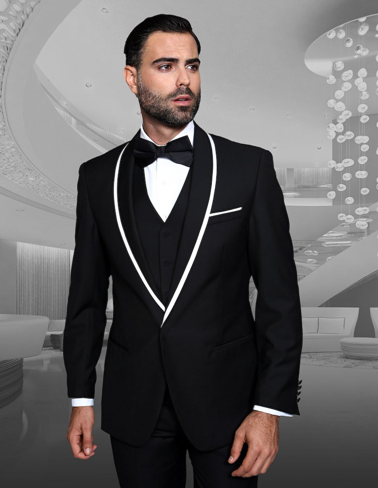 STATEMENT GENOVA BLACK 3PC TAILORED FIT TUXEDO SUIT WITH FLAT FRONT PANTS INCLUDING MATCHING BOWTIE 
