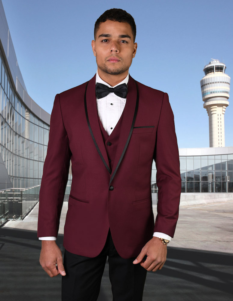 STATEMENT GENOVA BURGUNDY 3PC TAILORED FIT TUXEDO SUIT WITH FLAT FRONT PANTS INCLUDING MATCHING BOWTIE  