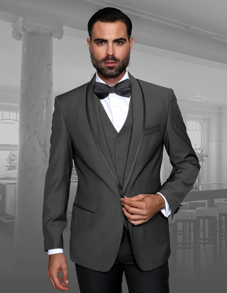 STATEMENT GENOVA CHARCOAL 3PC TAILORED FIT TUXEDO SUIT WITH FLAT FRONT PANTS INCLUDING MATCHING BOWTIE