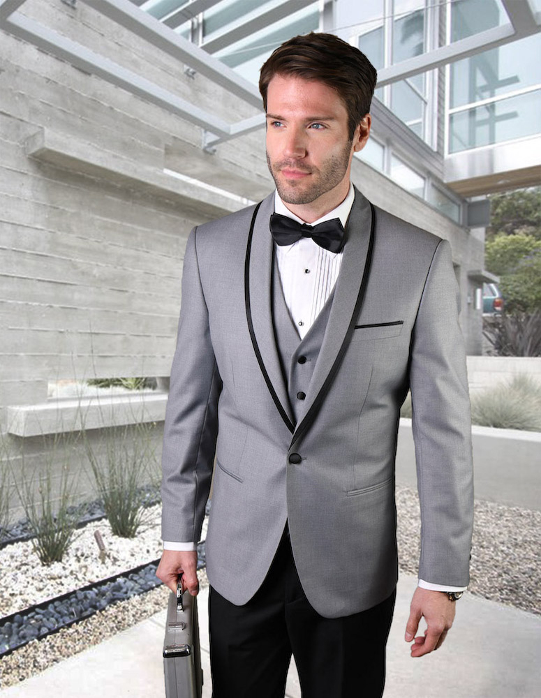 STATEMENT GENOVA GREY 3PC TAILORED FIT TUXEDO SUIT WITH FLAT FRONT PANTS INCLUDING MATCHING BOWTIE   