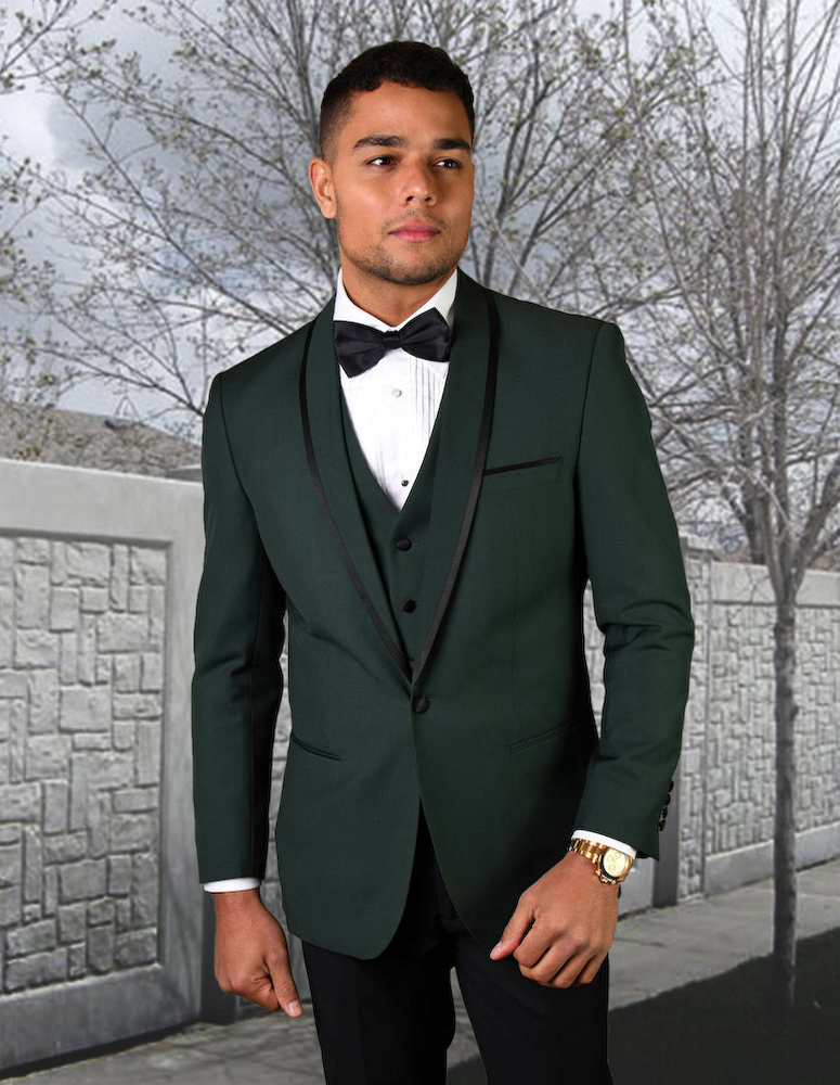STATEMENT GENOVA HUNTER 3PC TAILORED FIT TUXEDO SUIT WITH FLAT FRONT PANTS INCLUDING MATCHING BOWTIE   