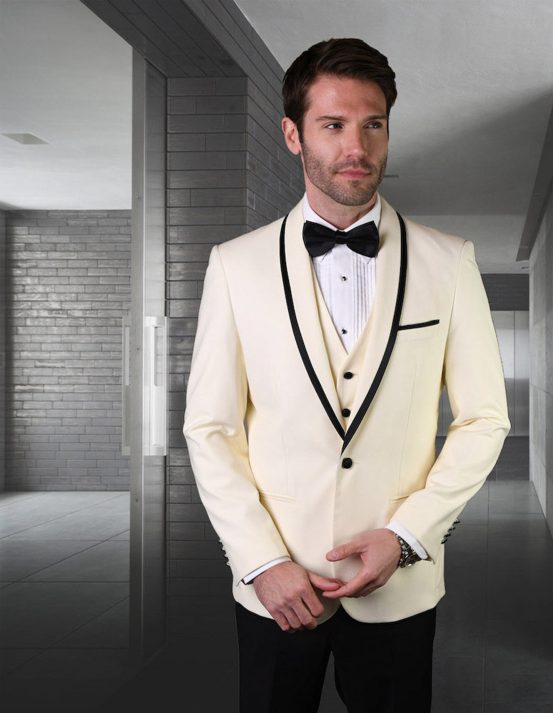 STATEMENT GENOVA OFFWHITE 3PC TAILORED FIT TUXEDO SUIT WITH FLAT FRONT PANTS INCLUDING MATCHING BOWTIE   