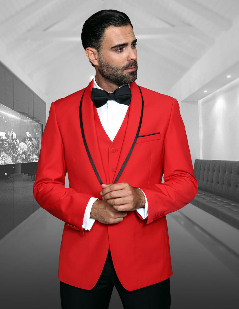 STATEMENT GENOVA RED 3PC TAILORED FIT TUXEDO SUIT WITH FLAT FRONT PANTS INCLUDING MATCHING BOWTIE   