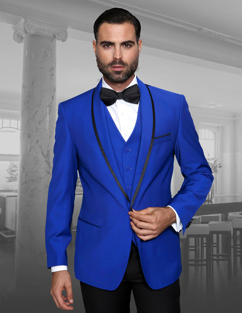 STATEMENT GENOVA ROYAL BLUE 3PC TAILORED FIT TUXEDO SUIT WITH FLAT FRONT PANTS INCLUDING MATCHING BOWTIE 