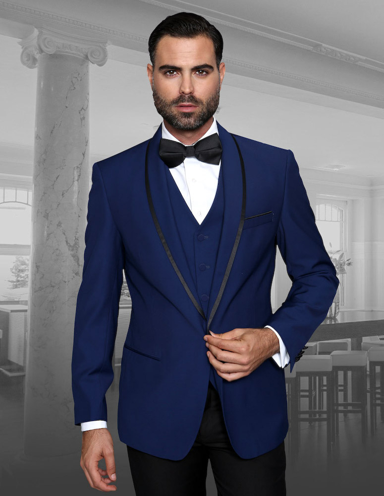 STATEMENT GENOVA SAPPHIRE 3PC TAILORED FIT TUXEDO SUIT WITH FLAT FRONT PANTS INCLUDING MATCHING BOWTIE   