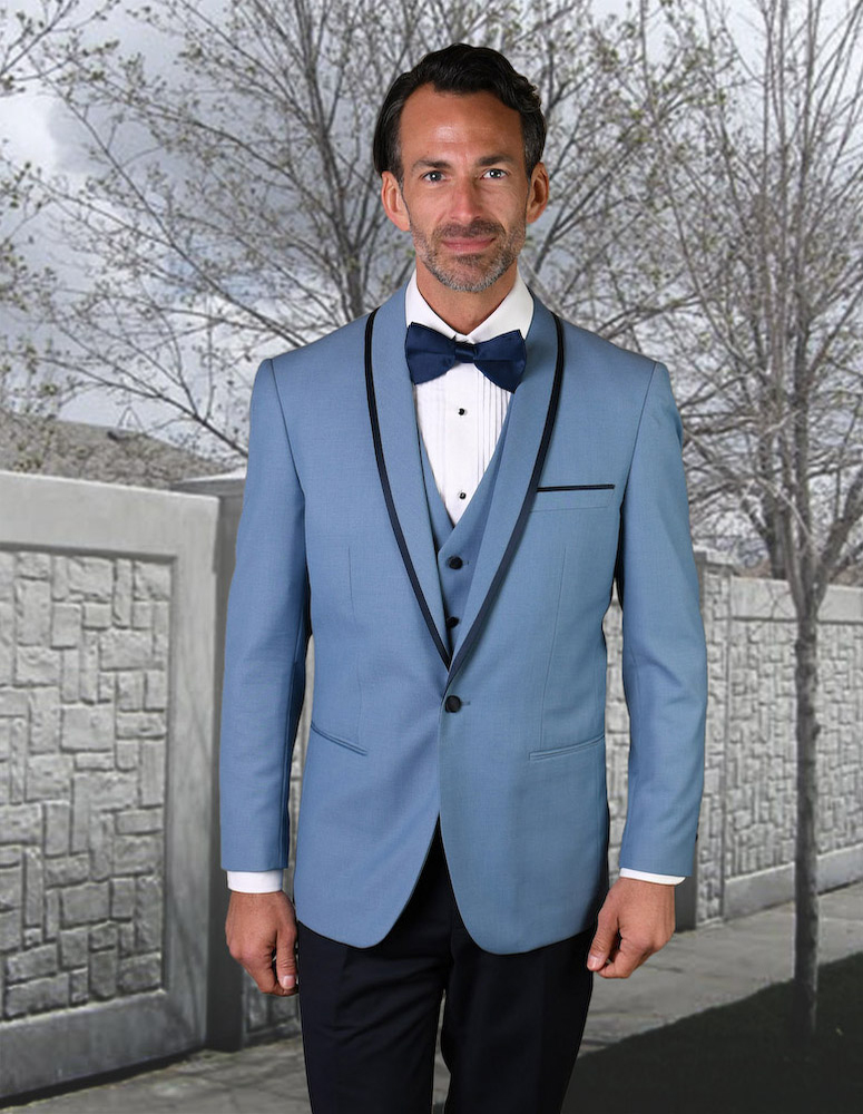 STATEMENT GENOVA STEELBLUE 3PC TAILORED FIT TUXEDO SUIT WITH FLAT FRONT PANTS INCLUDING MATCHING BOWTIE   