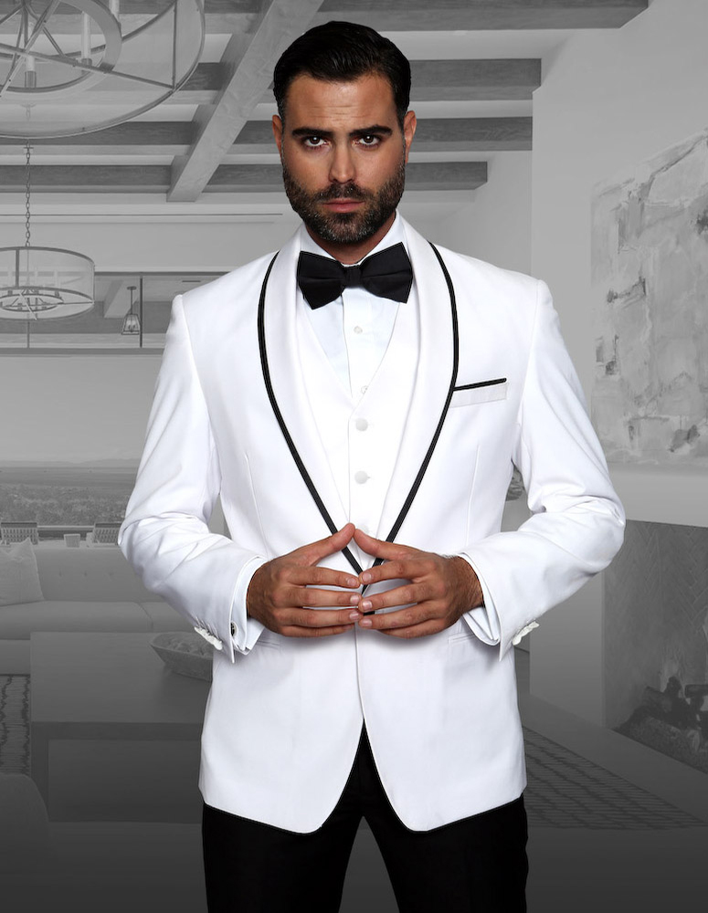 STATEMENT GENOVA WHITE 3PC TAILORED FIT TUXEDO SUIT WITH FLAT FRONT PANTS INCLUDING MATCHING BOWTIE   