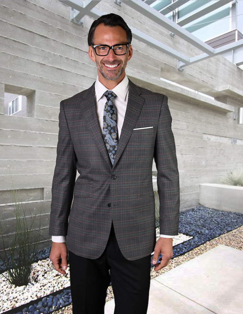 STATEMENT GIGLIO-14 CHARCOAL PLAID  SPORT COAT 2 BUTTON HAND MADE SUPER 150'S ITALIAN FABRIC      