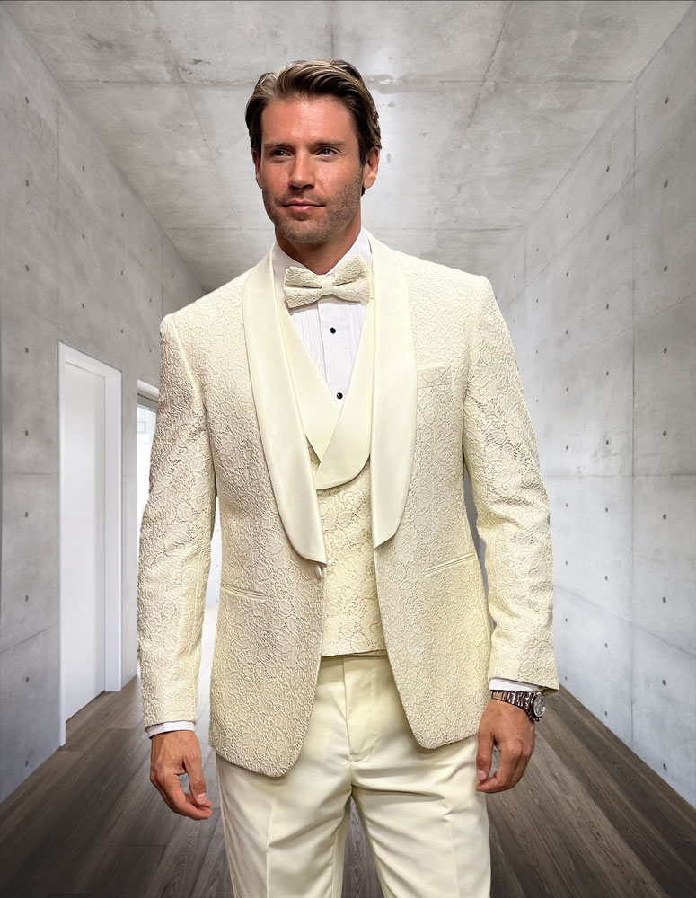 STATEMENT OFFEWHITE 3PC TAILORED FIT 1 BUTTON MENSTUXEDO SHAWL LAPEL SUPER 150'S EXTRA FINE ITALIAN FABRIC  INCLUDING BOW TIE