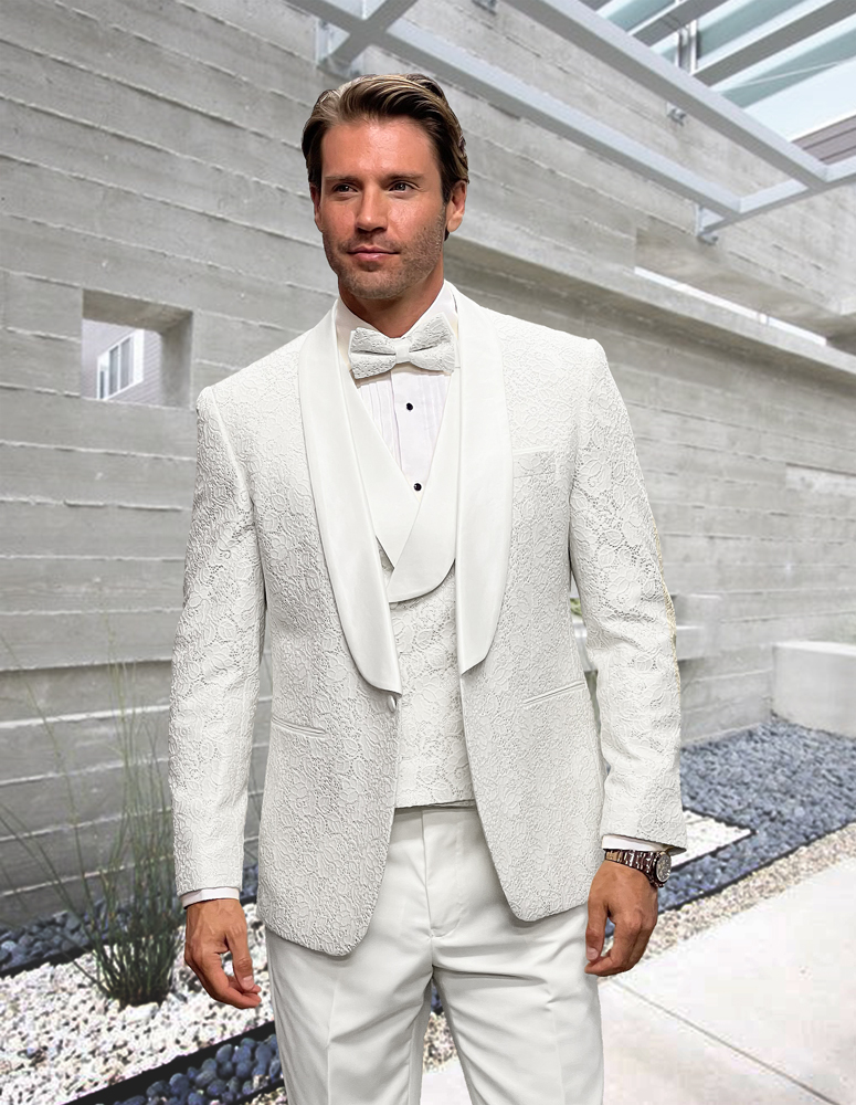 STATEMENT WHITE 3PC TAILORED FIT 1 BUTTON MENSTUXEDO SHAWL LAPEL SUPER 150'S EXTRA FINE ITALIAN FABRIC  INCLUDING BOW TIE 