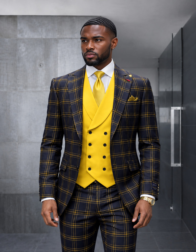 3PC PLAID SUIT WITH SOLID COLOR CONTRAST DOUBLE BREASTED VEST. SUPER 200'S ITALIAN WOOL AND CASHMERE FABRIC. MODERN FIT FLAT FRONT PANTS