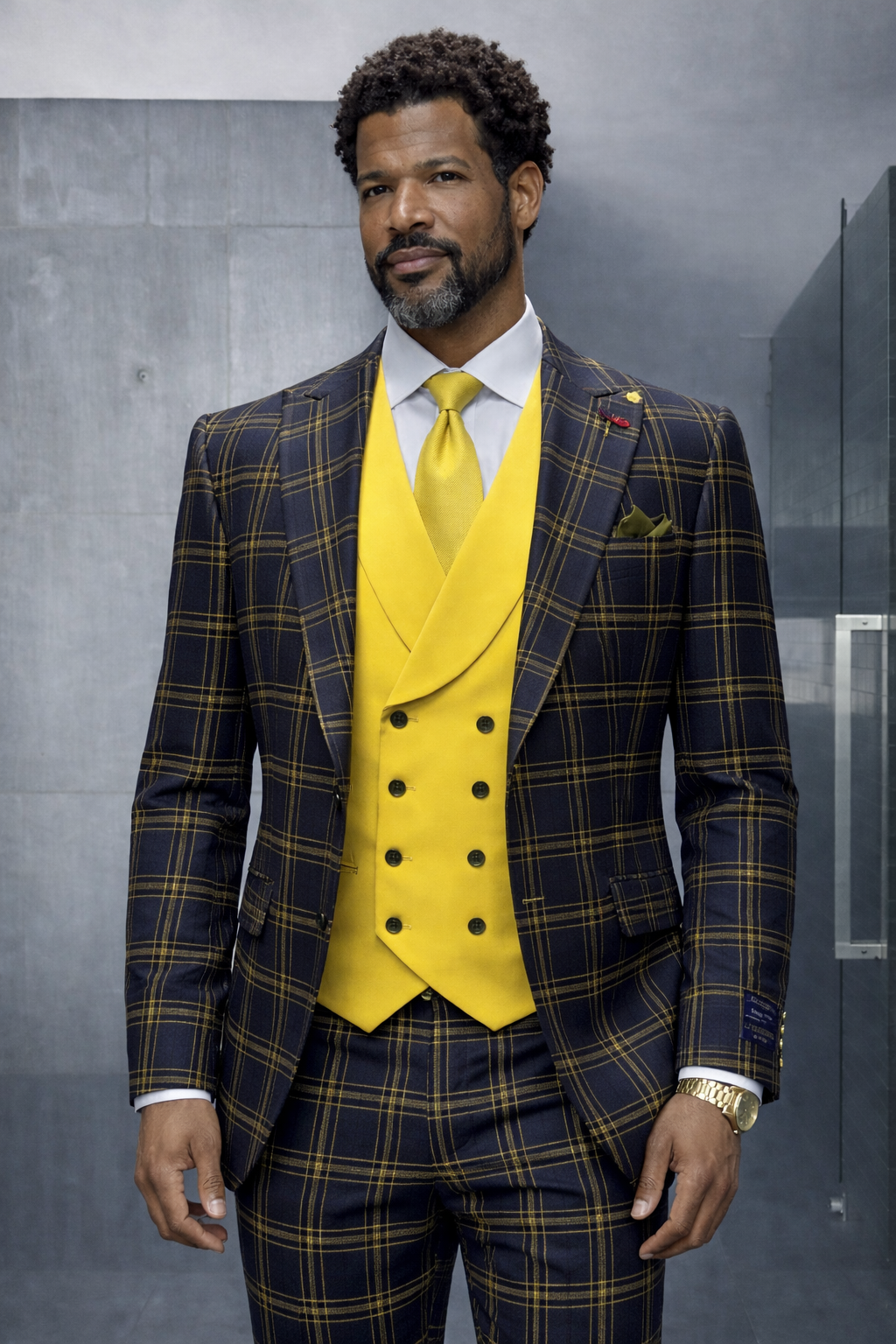 3PC PLAID SUIT WITH SOLID COLOR CONTRAST DOUBLE BREASTED VEST. SUPER 200'S ITALIAN WOOL AND CASHMERE FABRIC. MODERN FIT FLAT FRONT PANTS