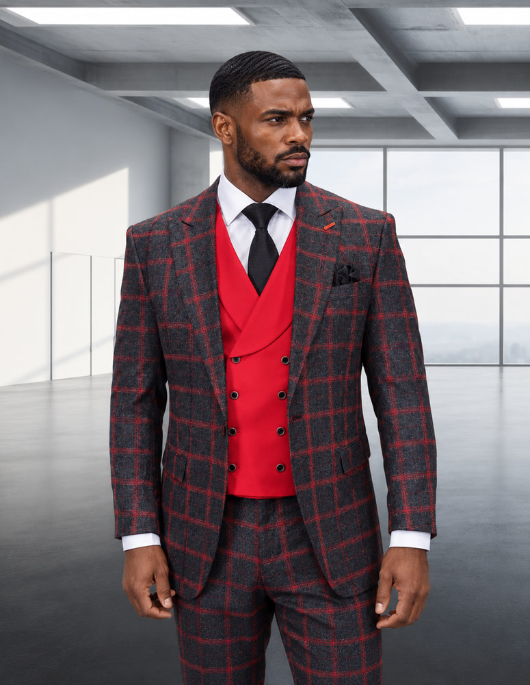 3PC PLAID SUIT WITH SOLID COLOR CONTRAST DOUBLE BREASTED VEST. SUPER 200'S ITALIAN WOOL AND CASHMERE FABRIC. MODERN FIT FLAT FRONT PANTS