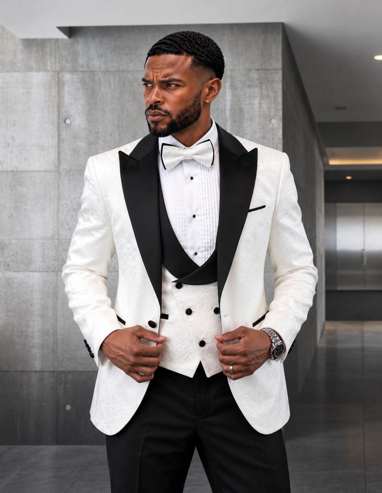 STATEMENT HILTON-WHITE-BLACK 3PC TAILORED FIT 1 BUTTON MENS WHITE TUXEDO WITH BLACK LAPEL SUPER 150'S EXTRA FINE ITALIAN FABRIC INCLUDING BOW TIE