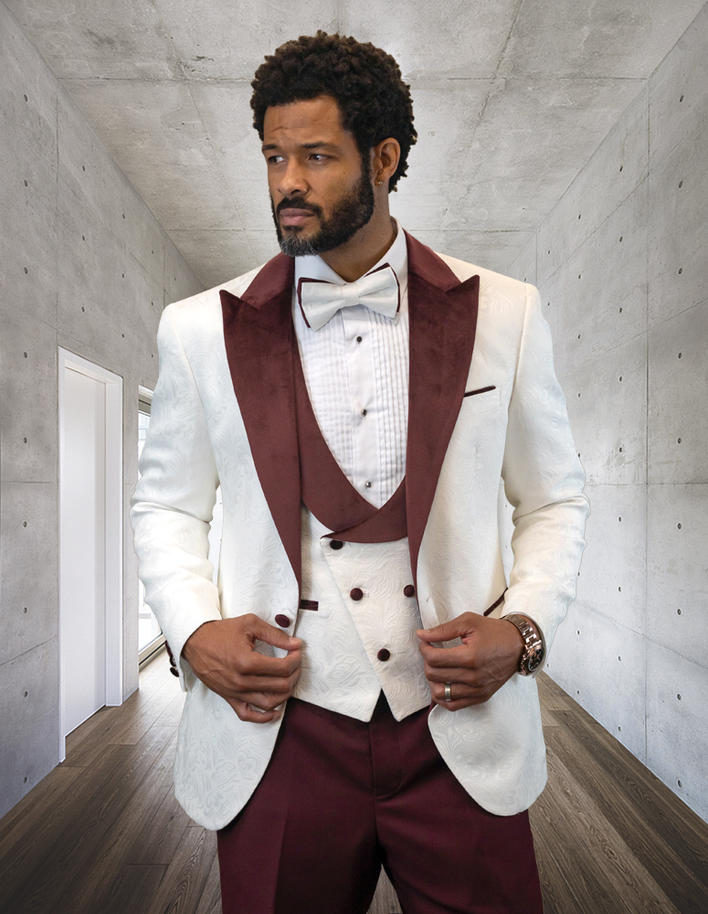 STATEMENT HILTON-WHITE-BURGUNDY 3PC TAILORED FIT 1 BUTTON MENS WHITE TUXEDO WITH BURGUNDY LAPEL SUPER 150'S EXTRA FINE ITALIAN FABRIC  INCLUDING BOW TIE
