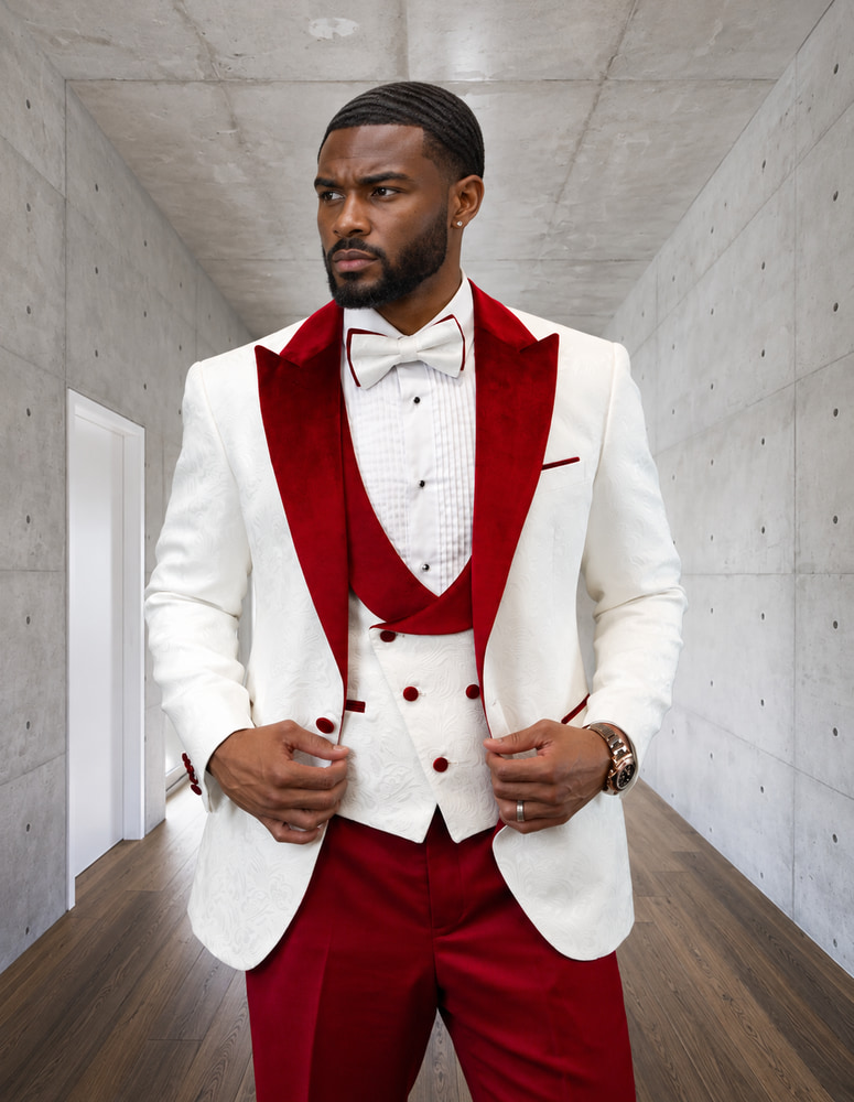 STATEMENT HILTON-WHITE-RED 3PC TAILORED FIT 1 BUTTON MENS WHITE TUXEDO WITH RED LAPEL SUPER 150'S EXTRA FINE ITALIAN FABRIC INCLUDING BOW TIE