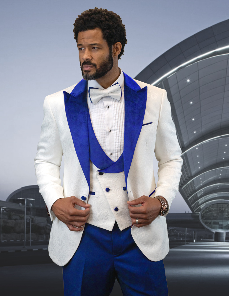 STATEMENT HILTON-WHITE-ROYAL 3PC TAILORED FIT 1 BUTTON MENS WHITE TUXEDO WITH ROYAL LAPEL SUPER 150'S EXTRA FINE ITALIAN FABRIC INCLUDING BOW TIE