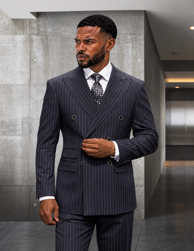 2PC CHARCOAL GRAY SMOOTH PINSTRIPE DOUBLE BREASTED SUIT SUPER 200'S ITALIAN WOOL 