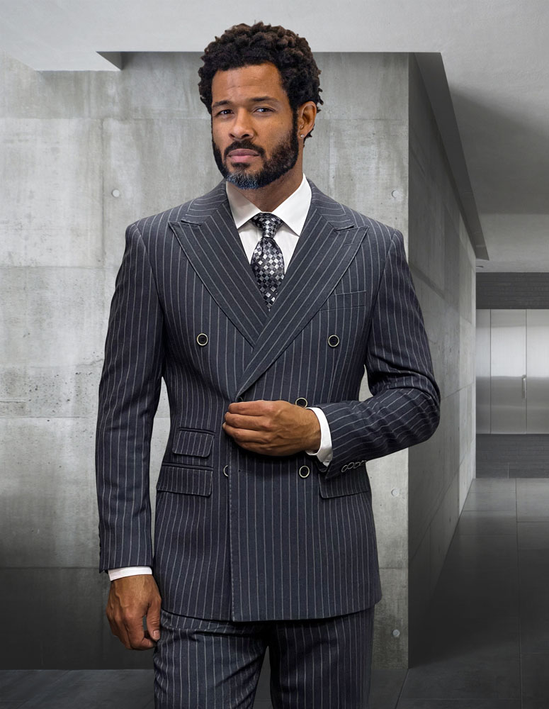 2PC CHARCOAL GRAY SMOOTH PINSTRIPE DOUBLE BREASTED SUIT SUPER 200'S ITALIAN WOOL 