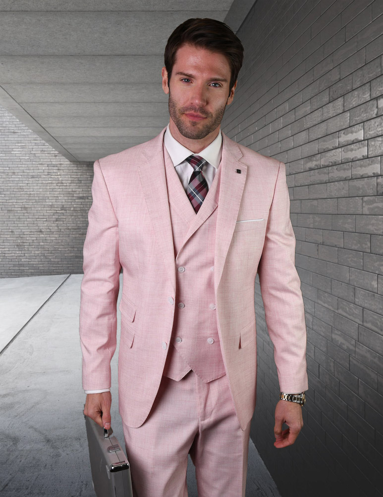 LANZO PINK 3PC VESTED SOLID COLOR, FLAT FRONT PANTS, 2 BUTTON SUPER 150'S, ITALIAN CONSERVATIVE SUITS 