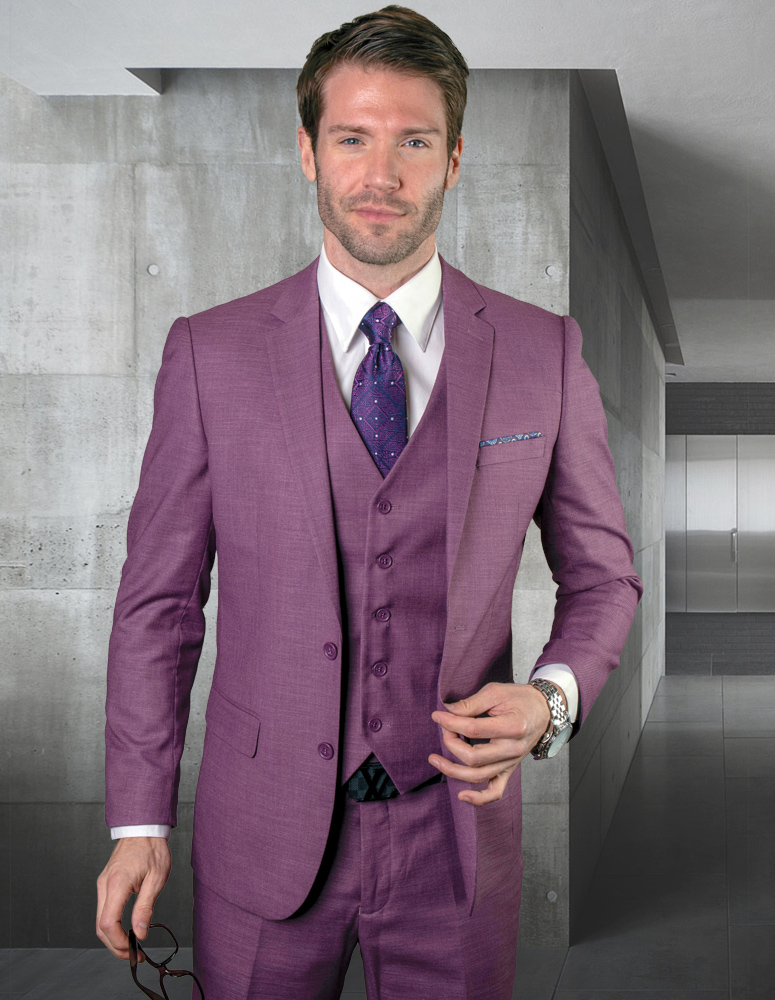 STATEMENT CONFIDENCE  MAUVE COLOR SUPER 180'S SLIM FIT MEN'S 3PC SUIT WITH VEST  