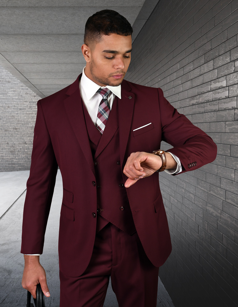 3PC SOLID COLOR BURGUNDY TAILORED FIT FLAT FRONT PANTS 2 BUTTON MENS SUIT WITH DOUBLE BREASTED VEST SUPER 150'S EXTRA FINE ITALIAN WOOL 