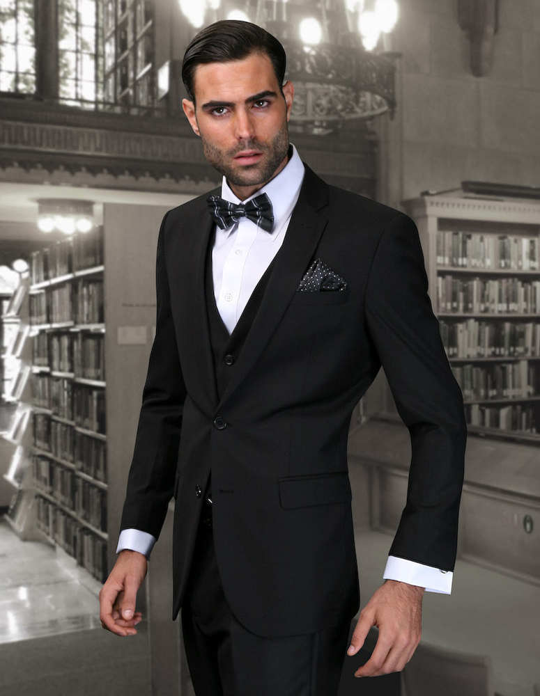 LORENZO BLACK EXTRA SLIM FIT SUPER 150'S 3PC 2 BUTTON WOOL SUIT WITH LOW VEST EXTRA FINE ITALIAN MADE.  