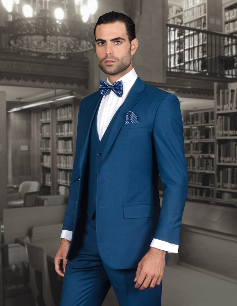 LORENZO BLUE EXTRA SLIM FIT SUPER 150'S 3PC 2 BUTTON WOOL SUIT WITH LOW VEST EXTRA FINE ITALIAN MADE.   