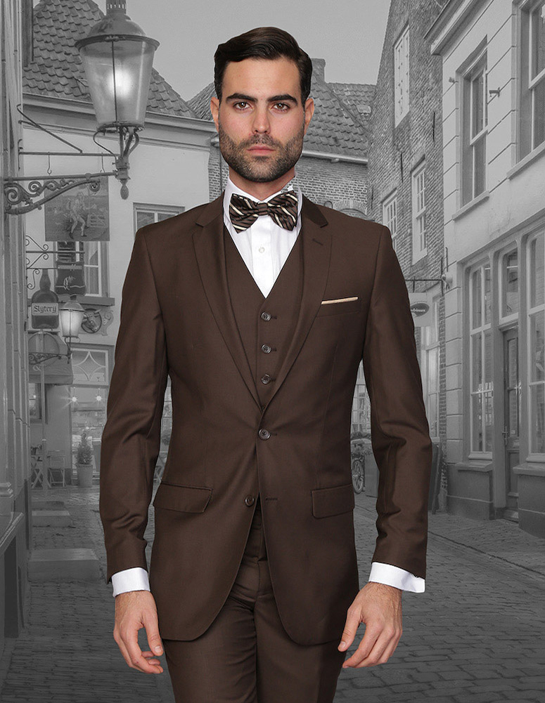 LORENZO BROWN EXTRA SLIM FIT SUPER 150'S 3PC 2 BUTTON WOOL SUIT WITH LOW VEST EXTRA FINE ITALIAN MADE.  