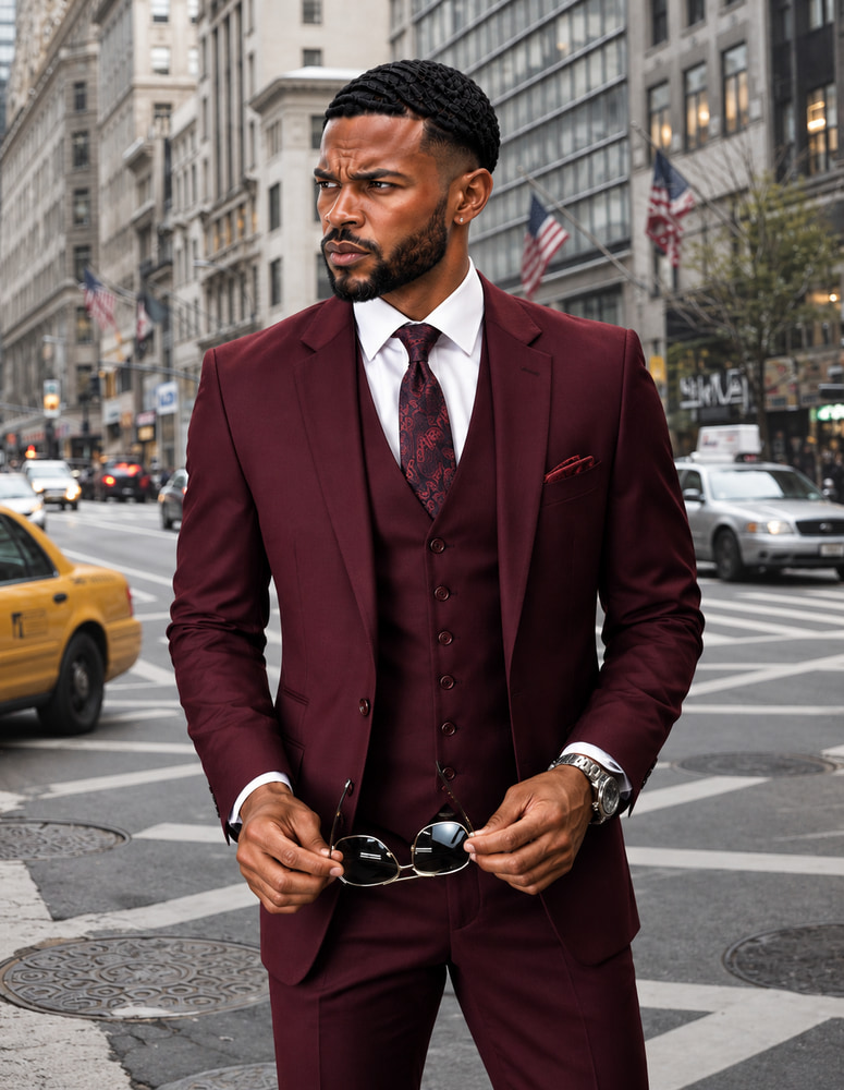 LORENZO BURGUNDY SLIM FIT MEN'S 3PC SUIT WITH NARROW LEG PANTS 