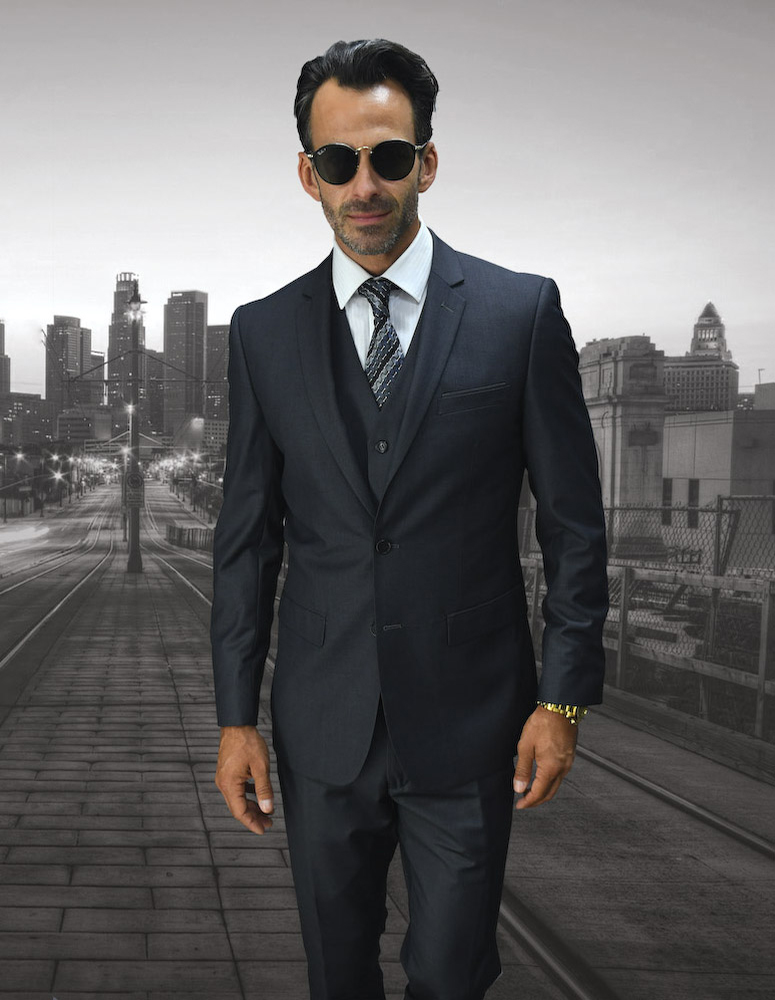 LORENZO CHARCOAL EXTRA SLIM FIT SUPER 150'S 3PC 2 BUTTON WOOL SUIT WITH LOW VEST EXTRA FINE ITALIAN MADE.  