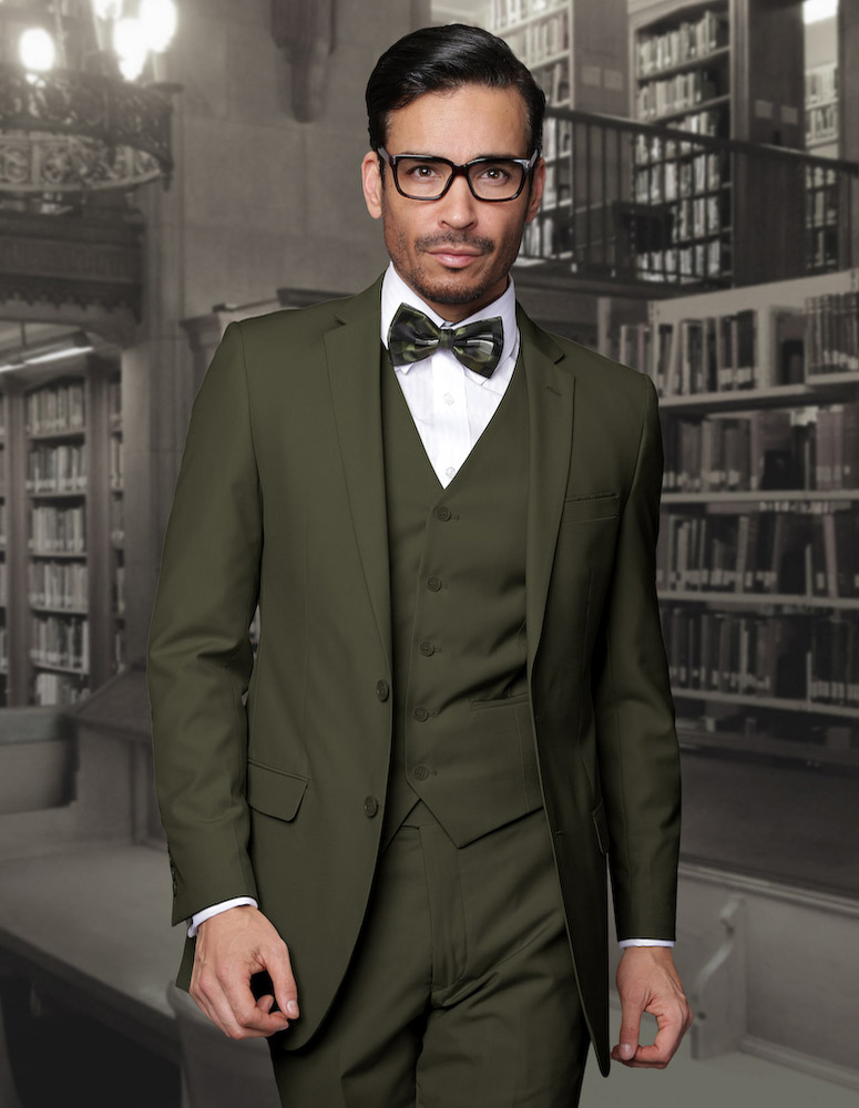 LORENZO OLIVE EXTRA SLIM FIT SUPER 150'S 3PC 2 BUTTON WOOL SUIT WITH LOW VEST EXTRA FINE ITALIAN MADE.  