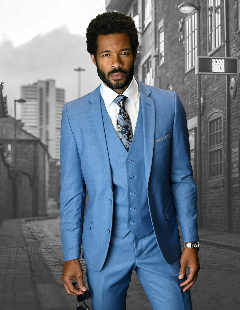 LORENZO STEEL BLUE STATEMENT EXTRA SLIM FIT SUPER 150'S 3PC 2 BUTTON WOOL SUIT WITH LOW VEST EXTRA FINE ITALIAN MADE.   
