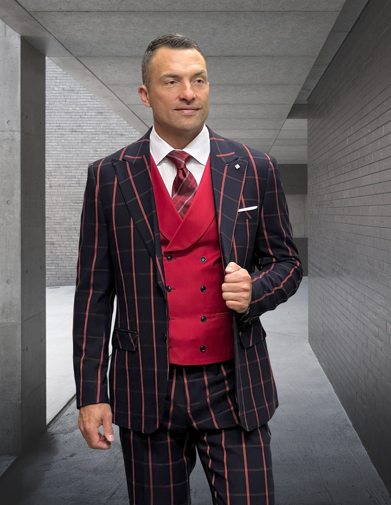 3PC PLAID SUIT WITH SOLID COLOR CONTRAST DOUBLE BREASTED VEST. SUPER 180'S ITALIAN WOOL AND CASHMERE FABRIC. MODERN FIT FLAT FRONT PANTS 
