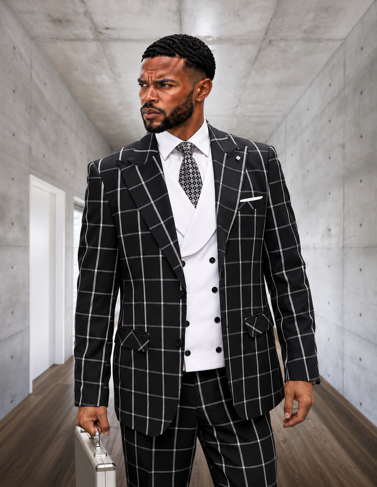 3PC PLAID SUIT WITH SOLID COLOR CONTRAST DOUBLE BREASTED VEST. SUPER 180'S ITALIAN WOOL AND CASHMERE FABRIC. MODERN FIT FLAT FRONT PANTS  