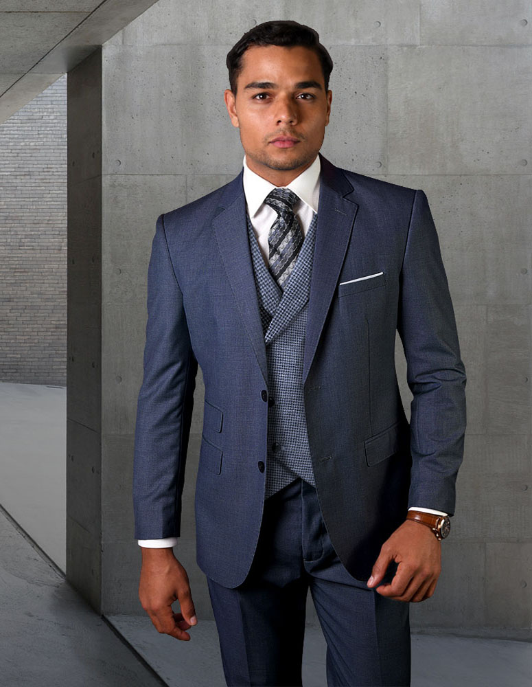 STATEMENT MARCO INDIGO 3PC TAILORED FIT 2 BUTTON JACKET WITH DOUBLE BREASTED VEST HAND MADE SUPER 150'S ITALIAN FABRIC 