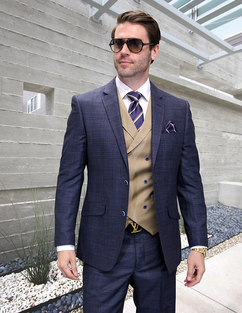 STATEMENT 3PC SUIT WITH MATCHING HUNTER VEST TAILORED FIT FLAT FRONT PANTS. HAND MADE SUPER 200'S ITALIAN WOOL FABRIC 