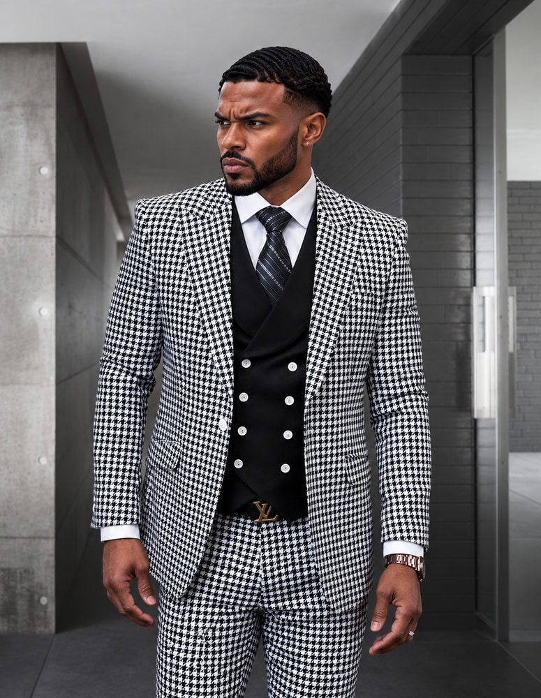 STATEMENT MASIMO 3PC PLAID SUIT WITH SOLID COLOR CONTRAST DOUBLE BREASTED VEST. SUPER 150'S ITALIAN WOOL FABRIC. MODERN FIT FLAT FRONT PANTS 