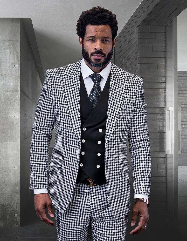 STATEMENT MASIMO 3PC PLAID SUIT WITH SOLID COLOR CONTRAST DOUBLE BREASTED VEST. SUPER 150'S ITALIAN WOOL FABRIC. MODERN FIT FLAT FRONT PANTS 