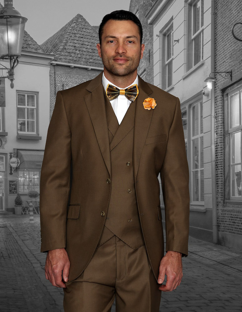 MESSINA 3PC 2 BUTTON BRONZE MENS SUIT WITH DOUBLE BREASTED VEST SUPER 150'S EXTRA FINE ITALIAN REGULAR FIT PLEATED PANTS