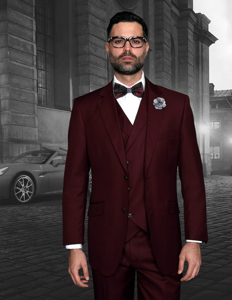 MESSINA 3PC 2 BUTTON BURGUNDY MENS SUIT WITH DOUBLE BREASTED VEST SUPER 150'S EXTRA FINE ITALIAN MODERN FIT FLAT FRONT PANTS