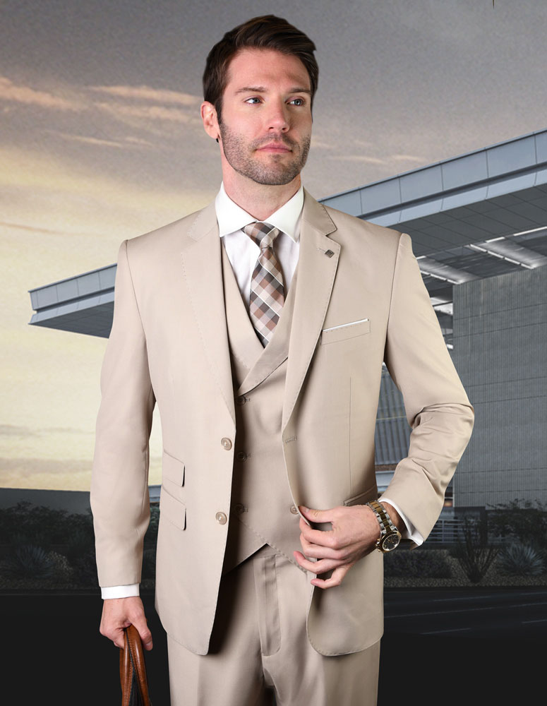MESSINA 3PC 2 BUTTON TAN MENS SUIT WITH DOUBLE BREASTED VEST SUPER 150'S EXTRA FINE ITALIAN. REGULAR FIT PLEATED PANTS 