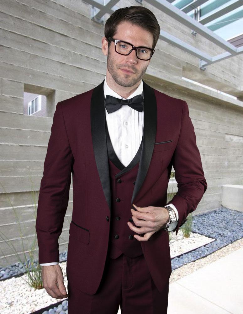 STATEMENT MGM BURGUNDY 3PC TAILORED FIT TUXEDO SUIT WITH FLAT FRONT PANTS INCLUDING MATCHING BOWTIE  