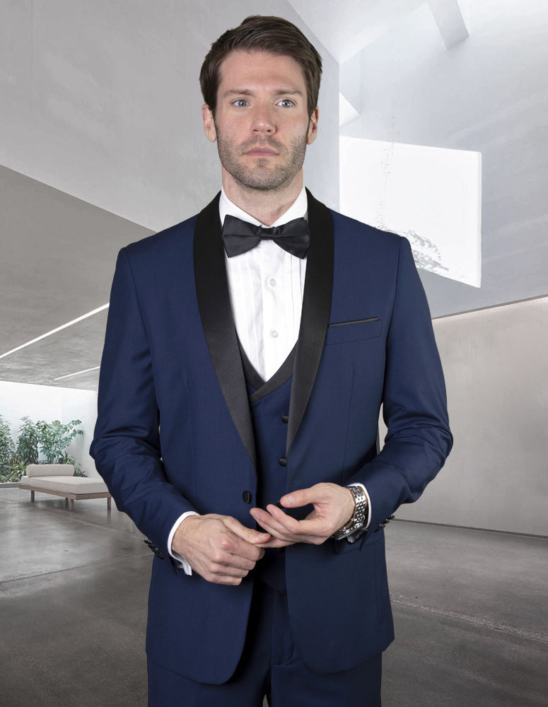 STATEMENT MGM SAPPHIRE 3PC TAILORED FIT TUXEDO SUIT WITH FLAT FRONT PANTS INCLUDING MATCHING BOWTIE  