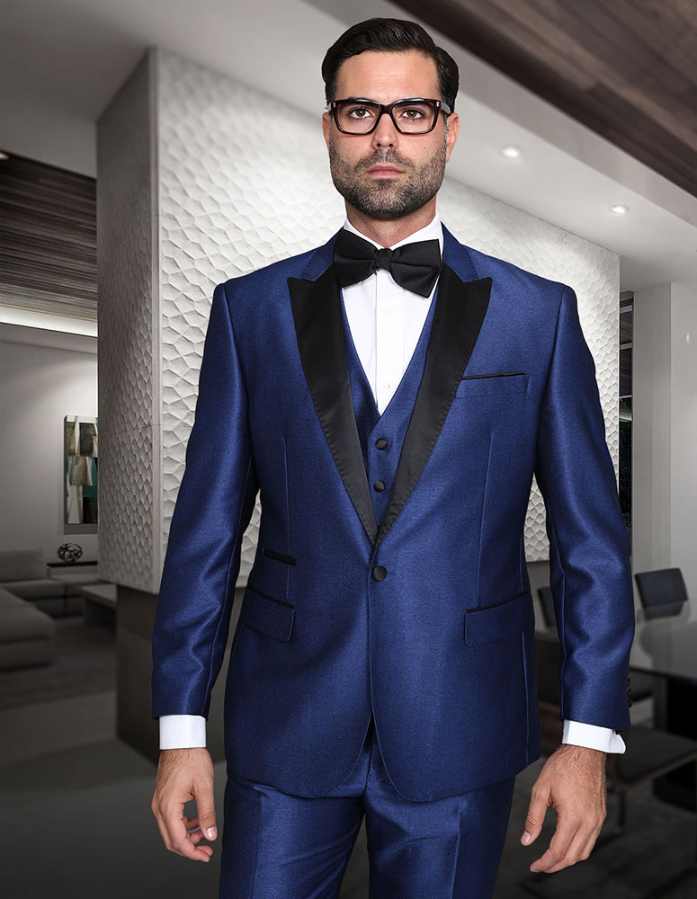 STATEMENT MILANO-SAPPHIRE 3PC TAILORED FIT TUXEDO SUIT WITH FLAT FRONT PANTS 